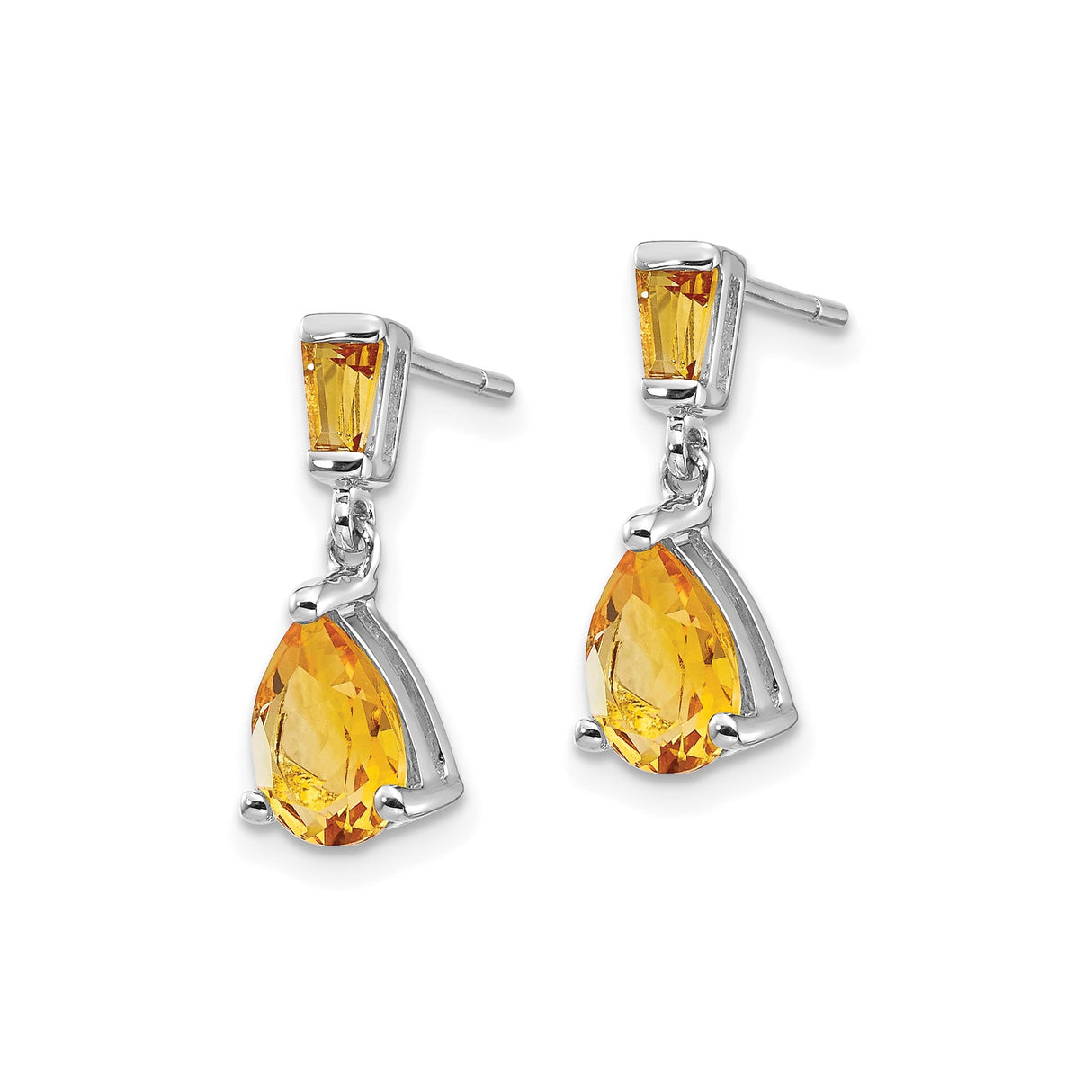 14k White Gold Dangle Earrings with Pear and Baguette Citrine Stones, Drop Design