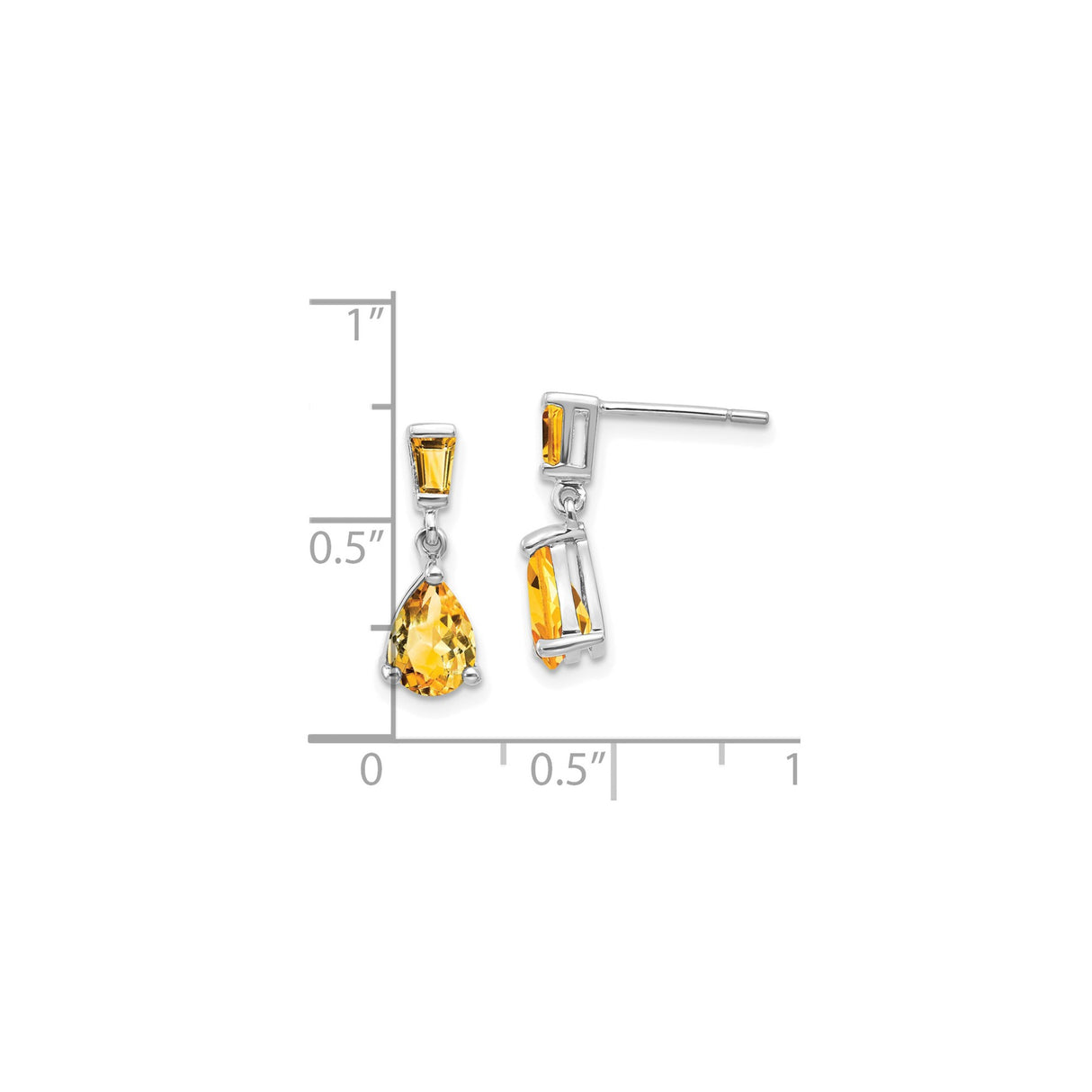 14k White Gold Dangle Earrings with Pear and Baguette Citrine Stones, Drop Design