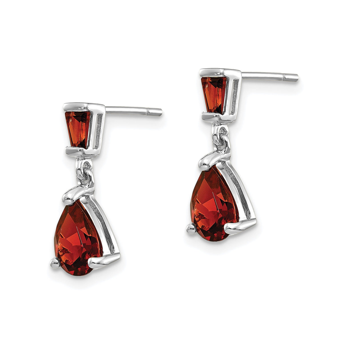 14k White Gold Dangle Earrings with Pear Shaped Garnet Drop and Baguette Accents