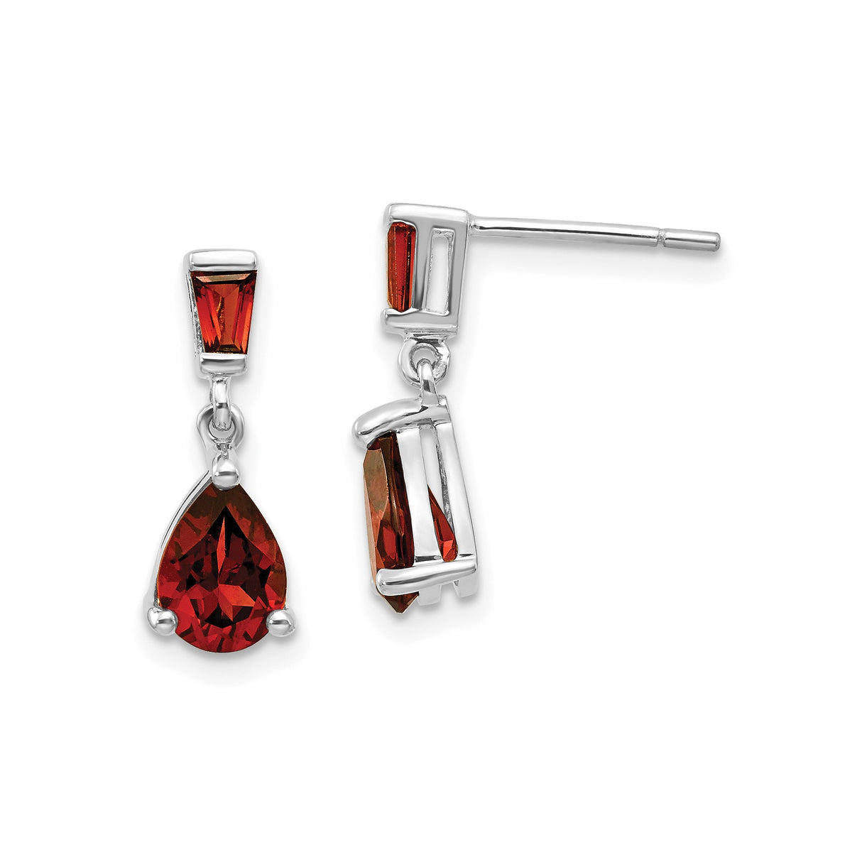 14k White Gold Dangle Earrings with Pear Shaped Garnet Drop and Baguette Accents