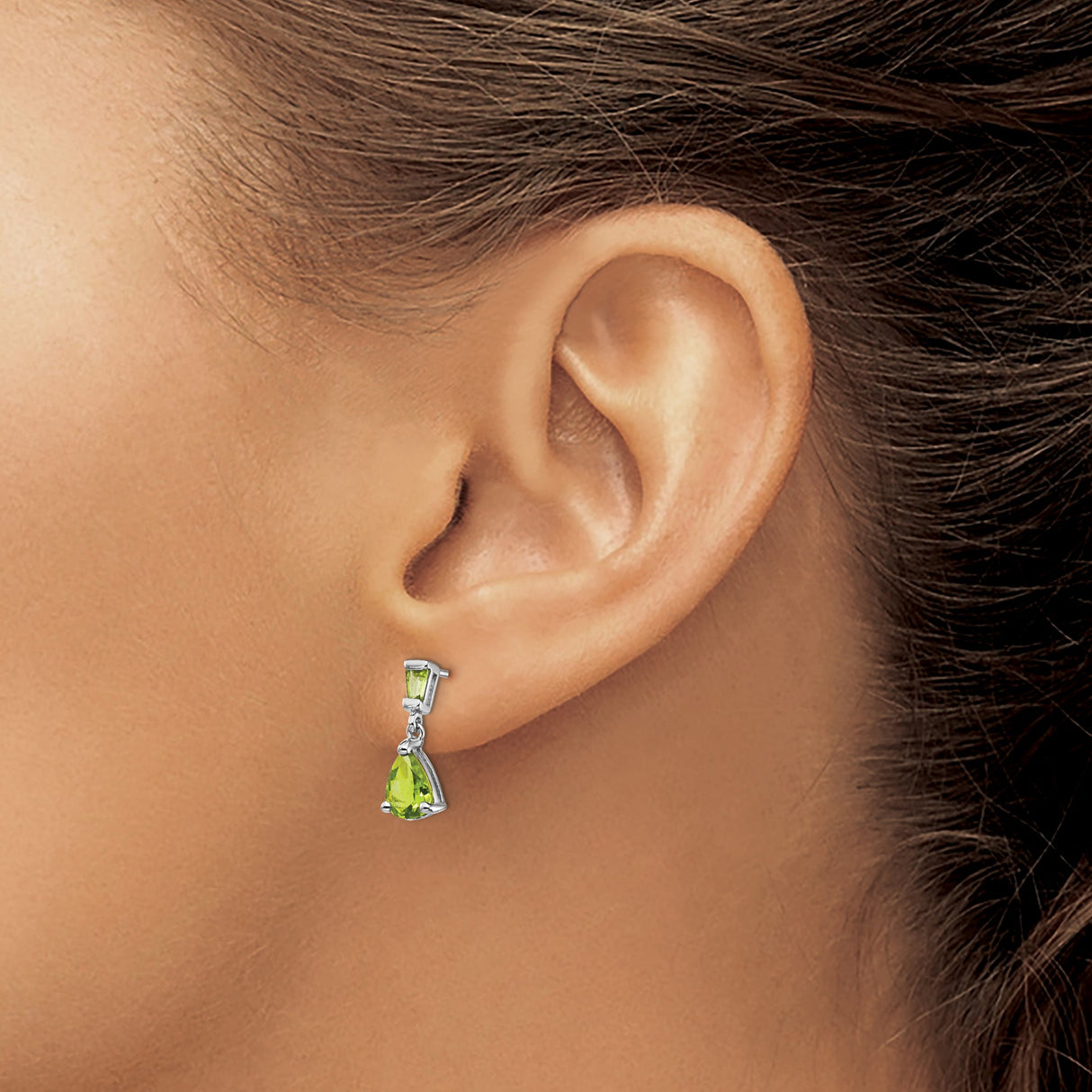 14k White Gold Dangle Earrings with Peridot Pear and Baguette Gemstones, August Birthstone Design