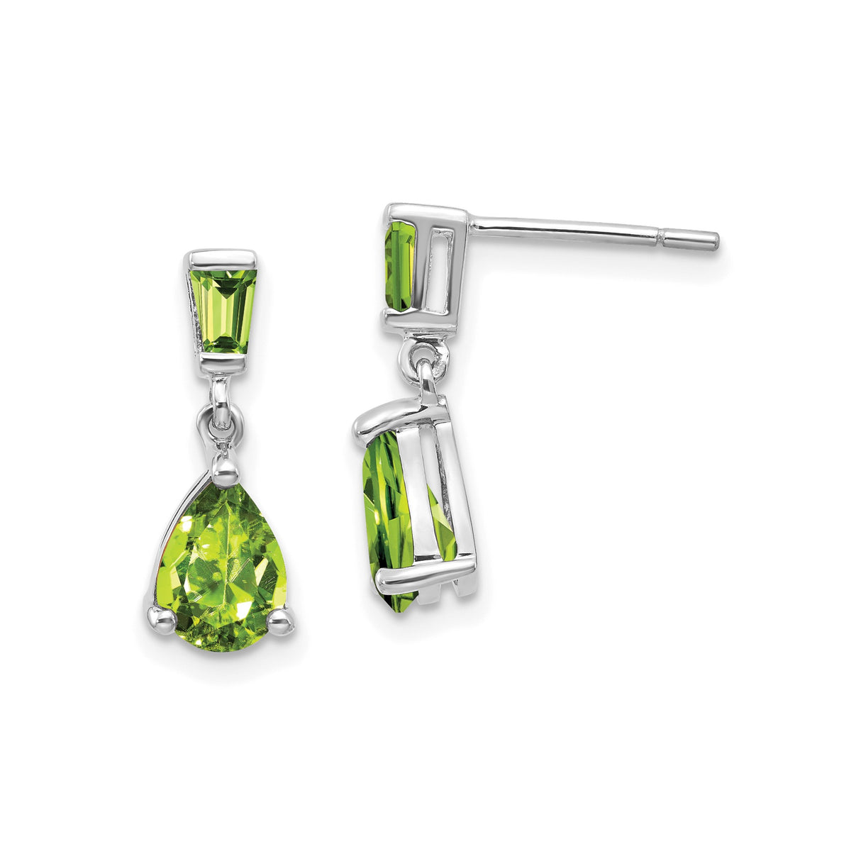 14k White Gold Dangle Earrings with Peridot Pear and Baguette Gemstones, August Birthstone Design