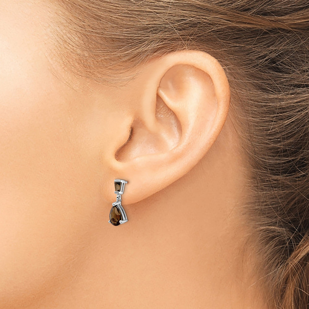 14k White Gold Dangle Earrings with Pear Shaped Smoky Quartz and Baguette Accents