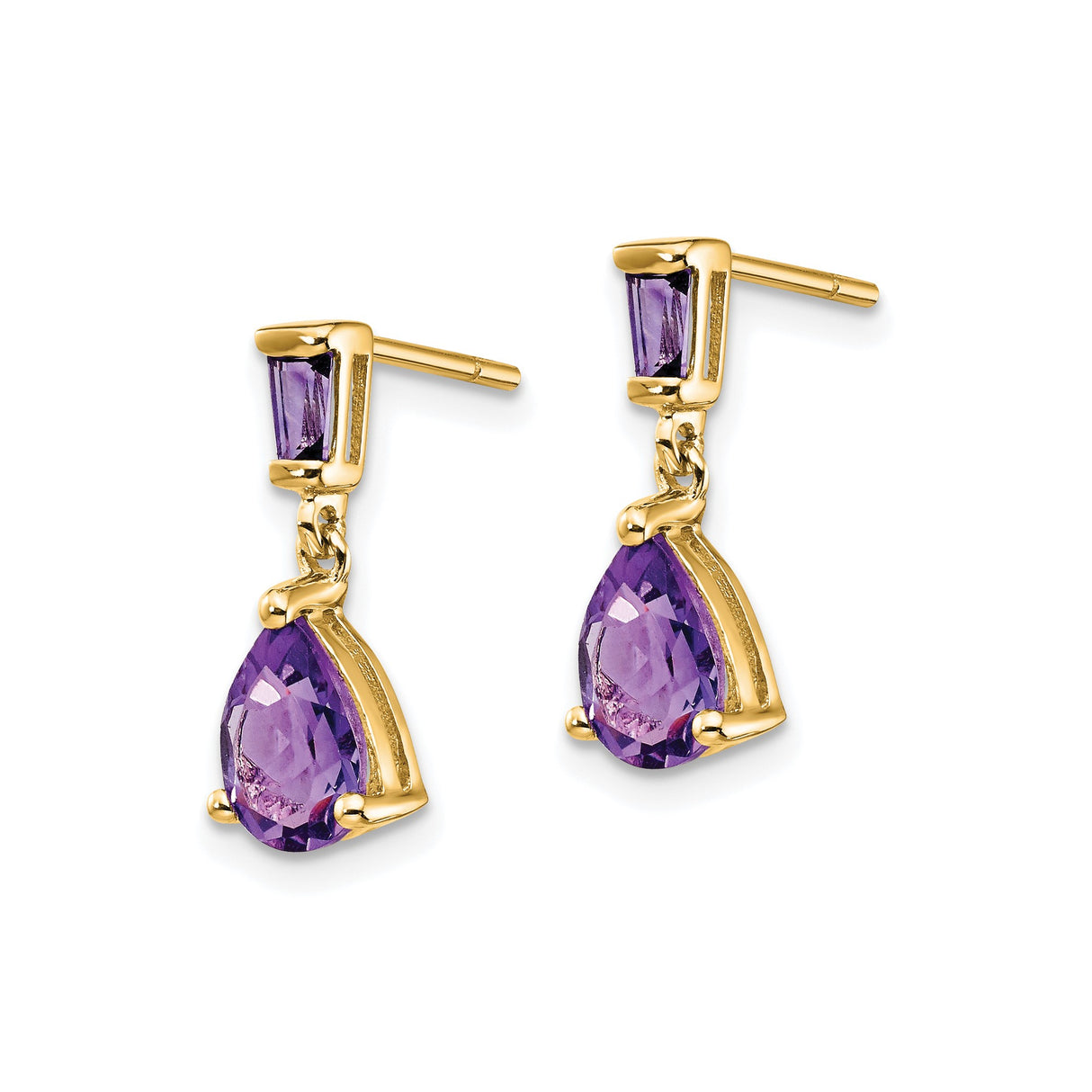 14k Yellow Gold Dangle Earrings with Pear and Baguette Amethyst Gemstones, Drop Post Design