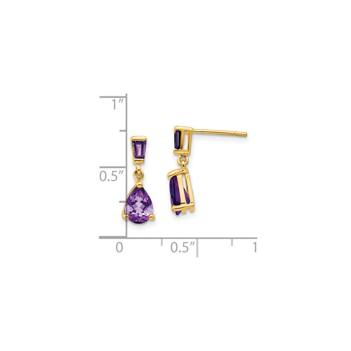 14k Yellow Gold Dangle Earrings with Pear and Baguette Amethyst Gemstones, Drop Post Design