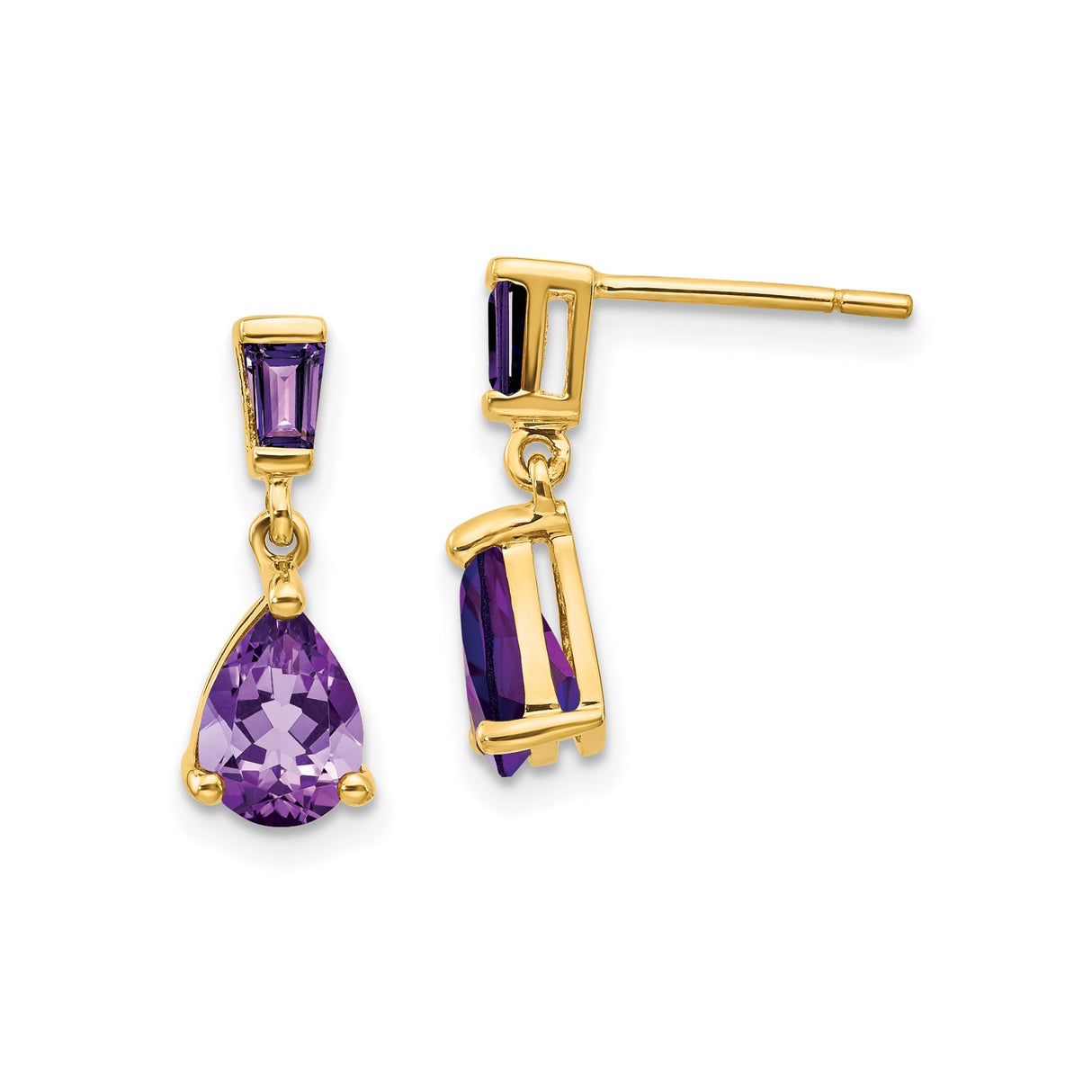 14k Yellow Gold Dangle Earrings with Pear and Baguette Amethyst Gemstones, Drop Post Design