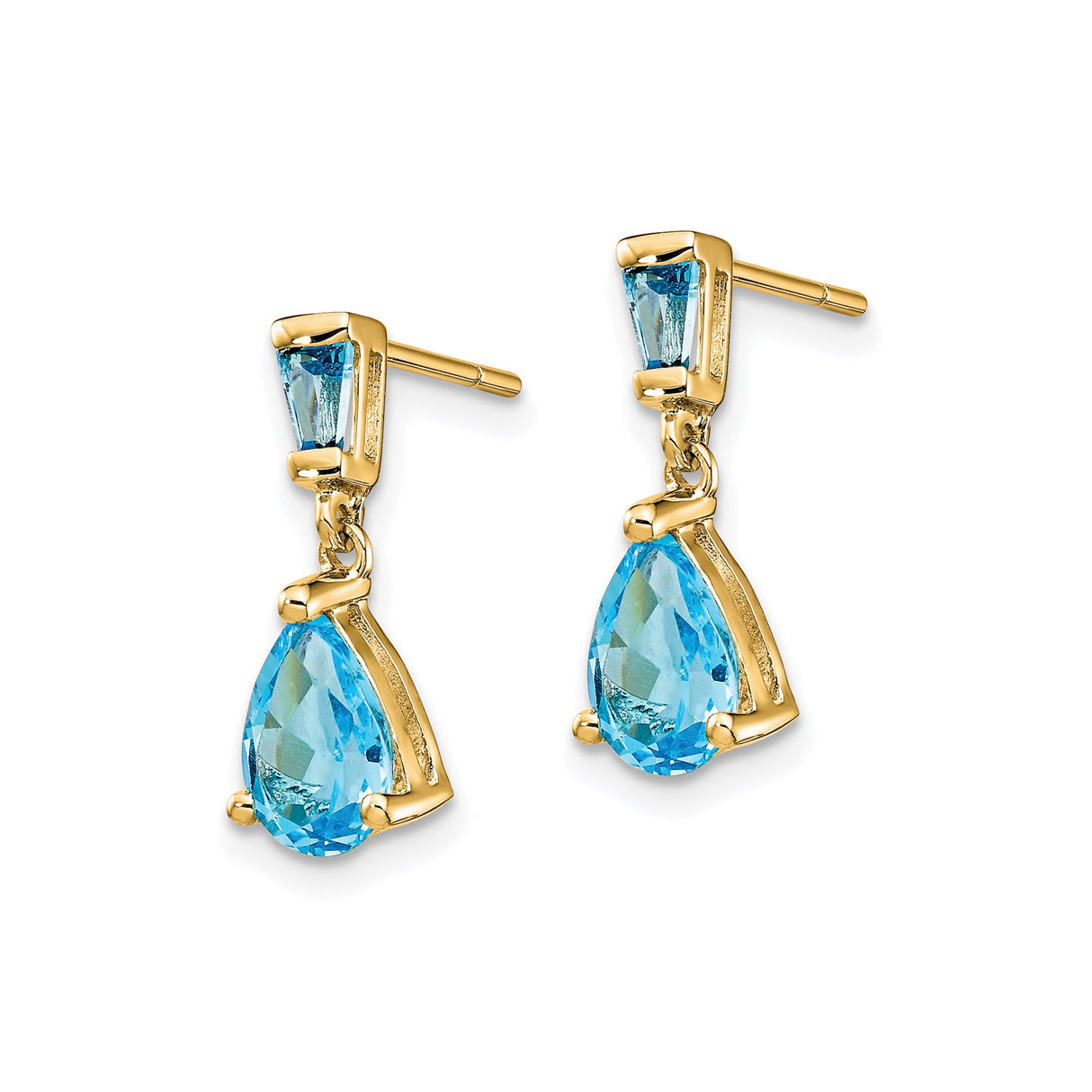 14k Yellow Gold Dangle Stud Earrings with Pear Shaped Swiss Blue Topaz and Baguette Accent