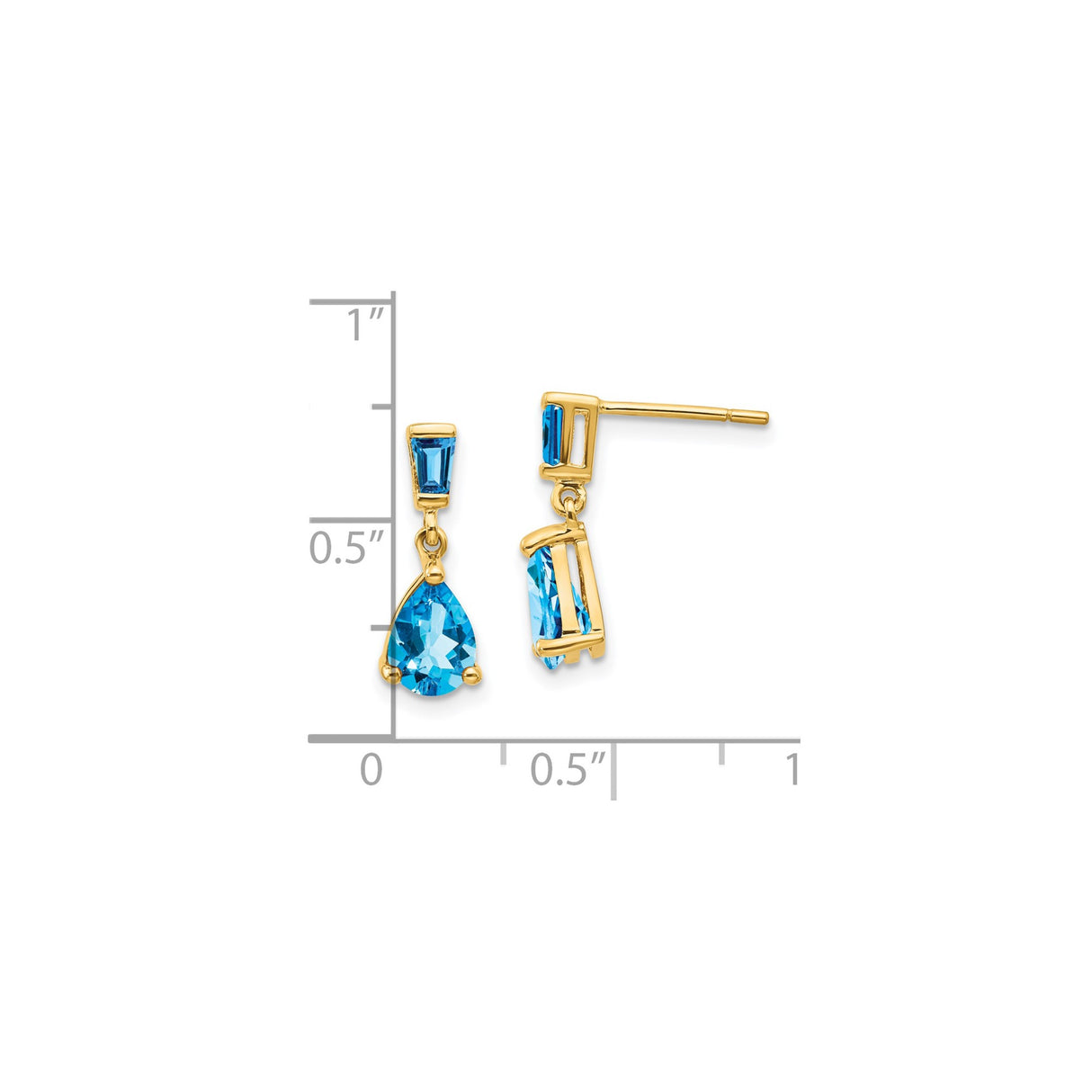 14k Yellow Gold Dangle Stud Earrings with Pear Shaped Swiss Blue Topaz and Baguette Accent