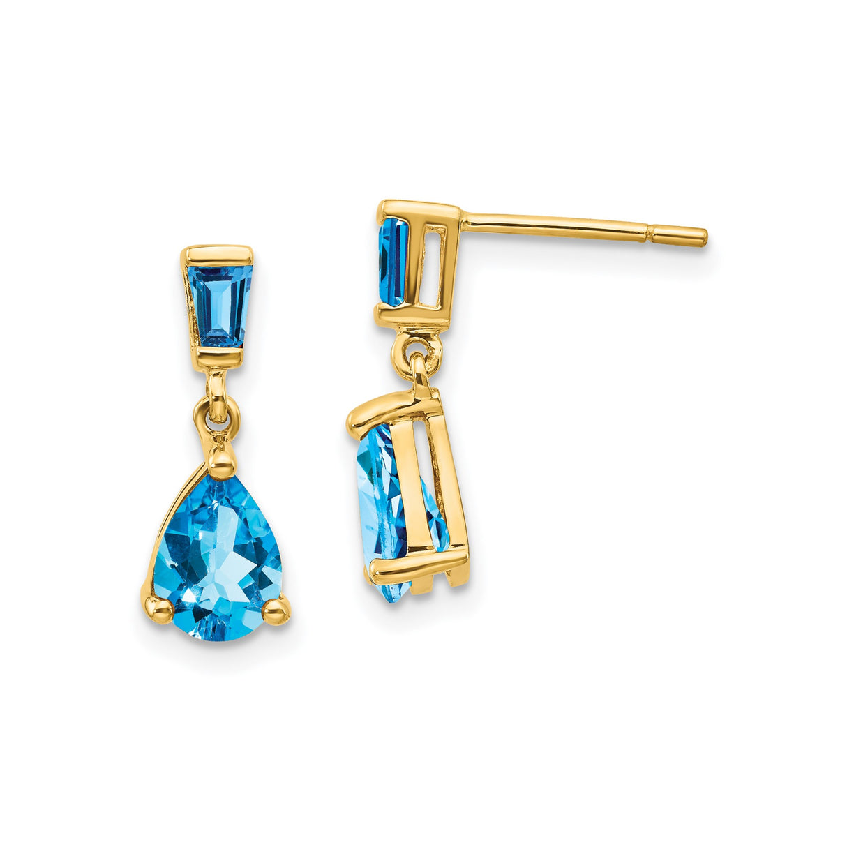 14k Yellow Gold Dangle Stud Earrings with Pear Shaped Swiss Blue Topaz and Baguette Accent