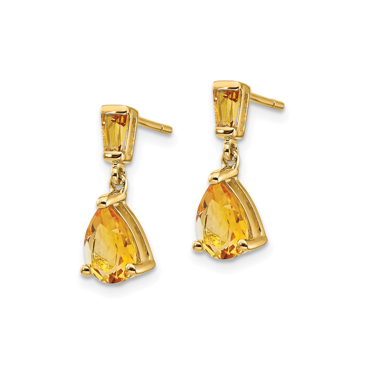 14k Yellow Gold Dangle Earrings with Pear Shaped Citrine and Baguette Accents
