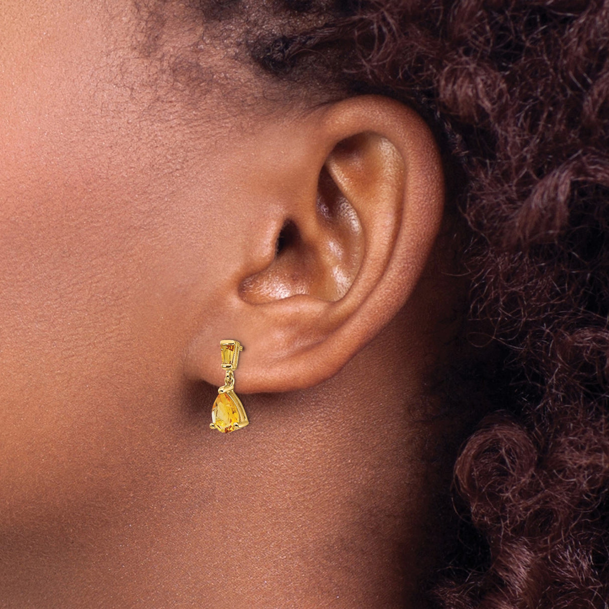 14k Yellow Gold Dangle Earrings with Pear Shaped Citrine and Baguette Accents