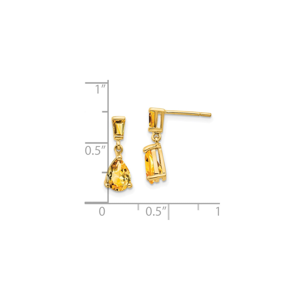 14k Yellow Gold Dangle Earrings with Pear Shaped Citrine and Baguette Accents