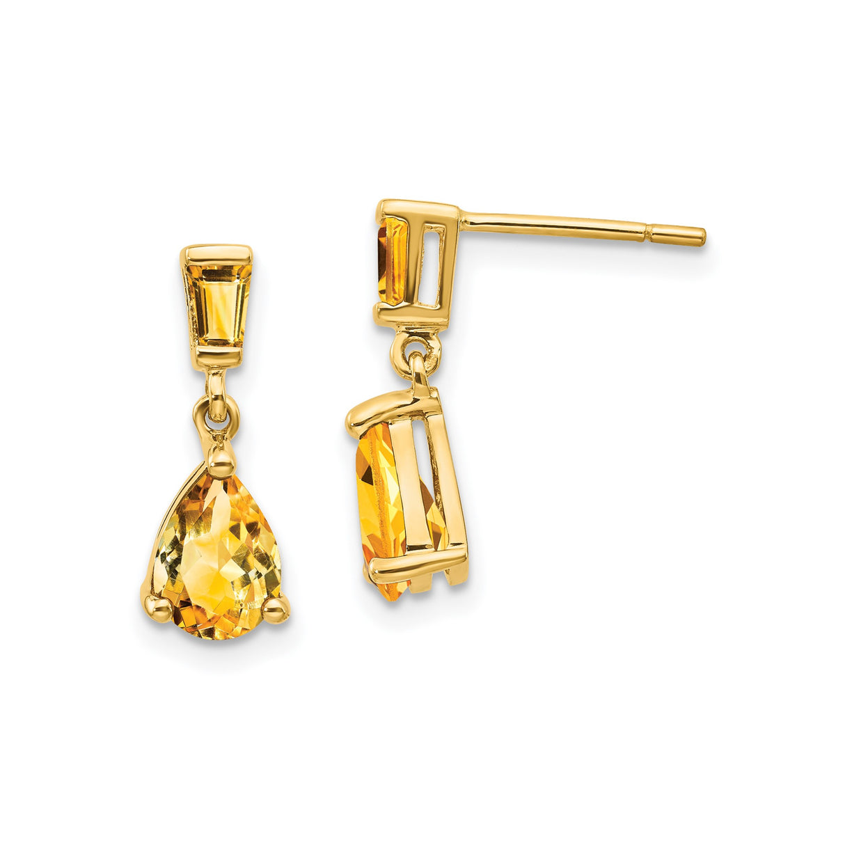 14k Yellow Gold Dangle Earrings with Pear Shaped Citrine and Baguette Accents