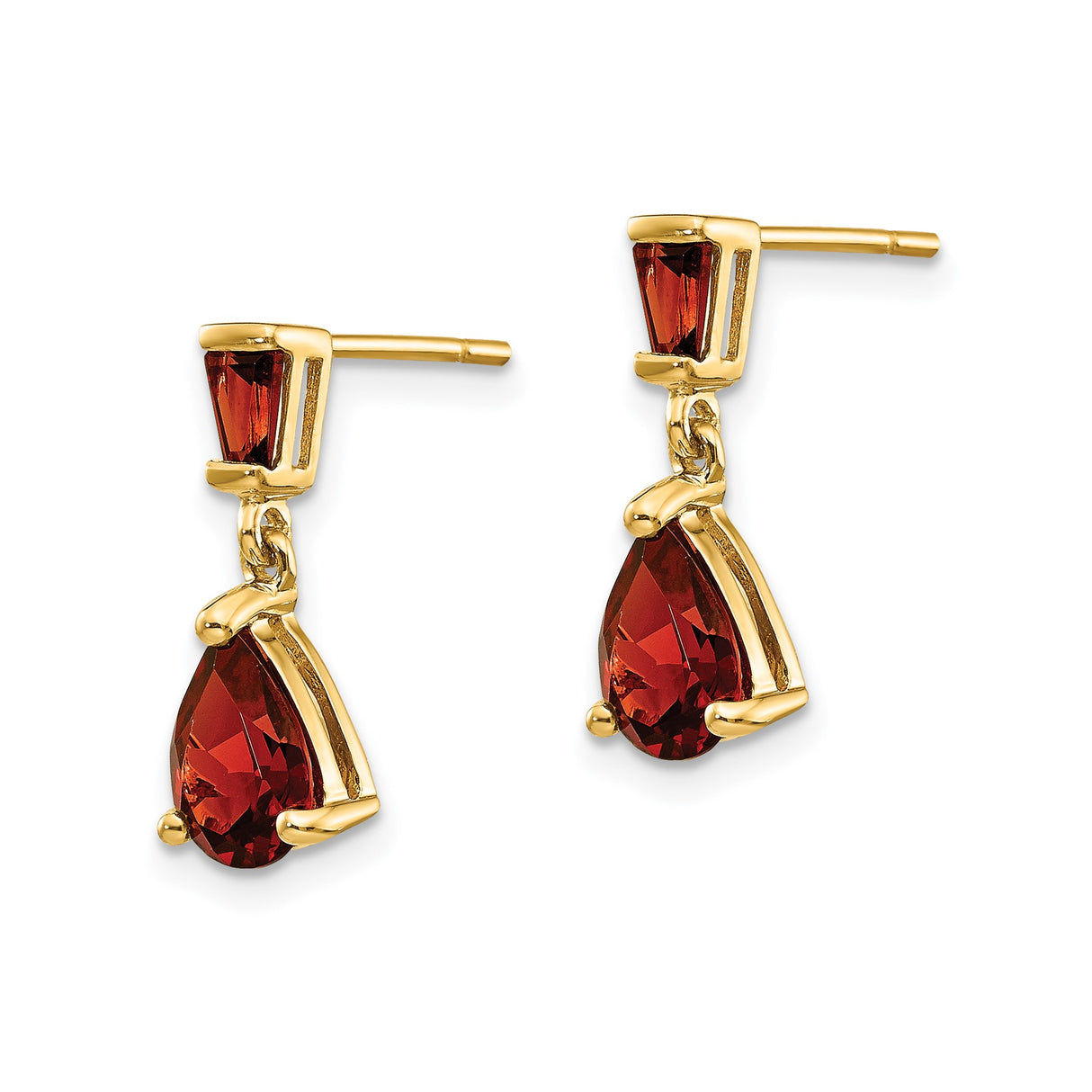 14k Yellow Gold Dangle Earrings with Pear Shaped Garnet and Baguette Accents