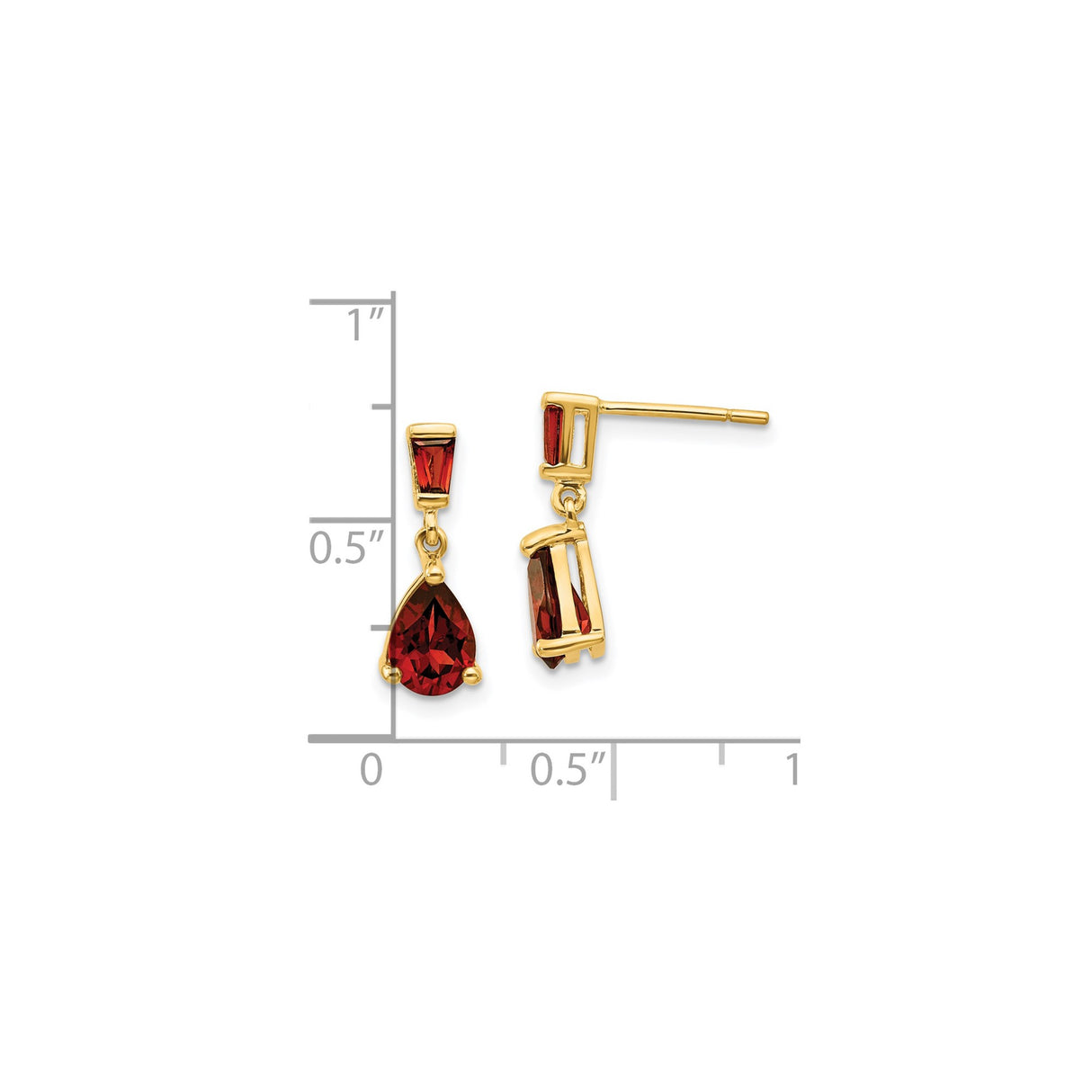 14k Yellow Gold Dangle Earrings with Pear Shaped Garnet and Baguette Accents