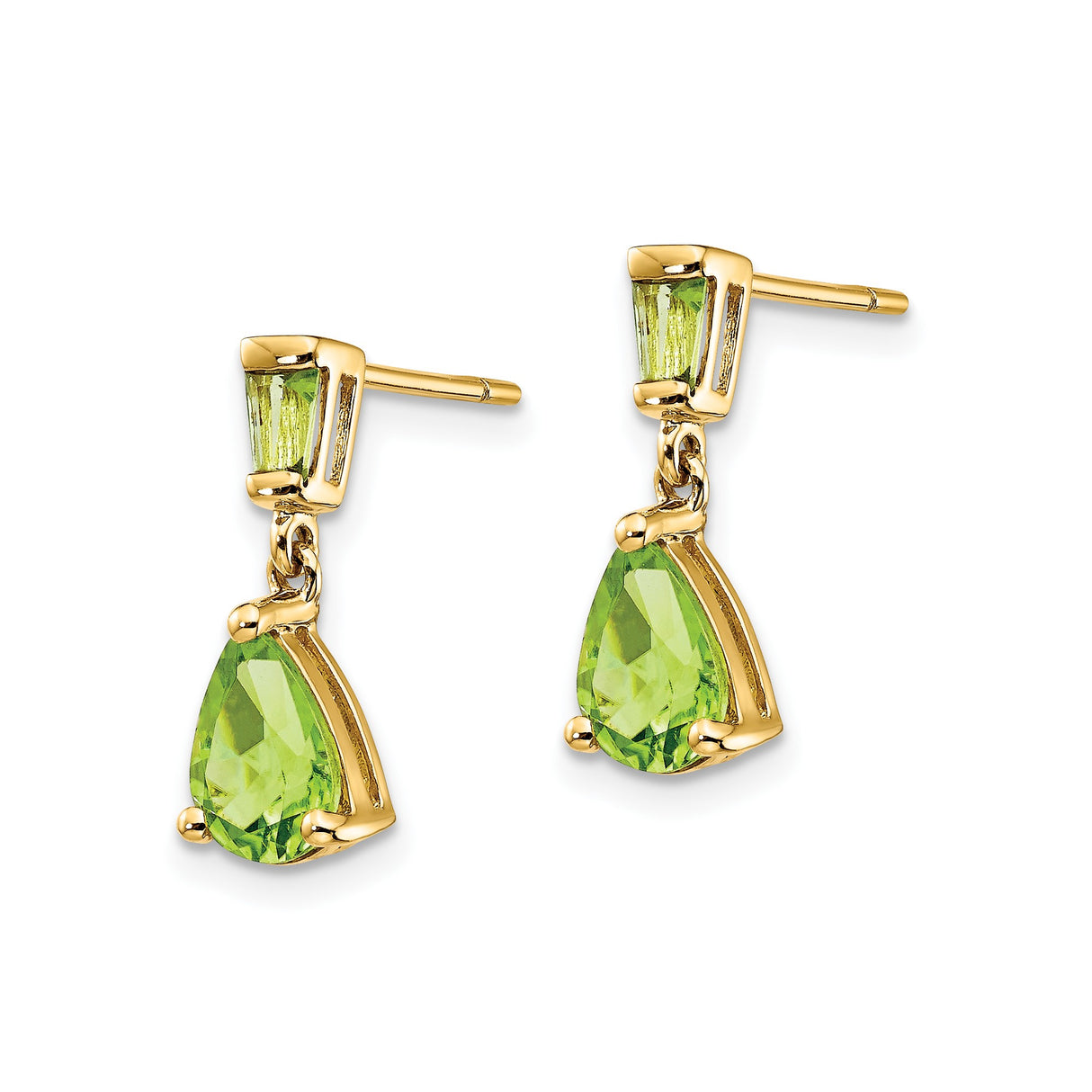 14k Yellow Gold Dangle Earrings with Pear-Shaped and Baguette Peridot Stones