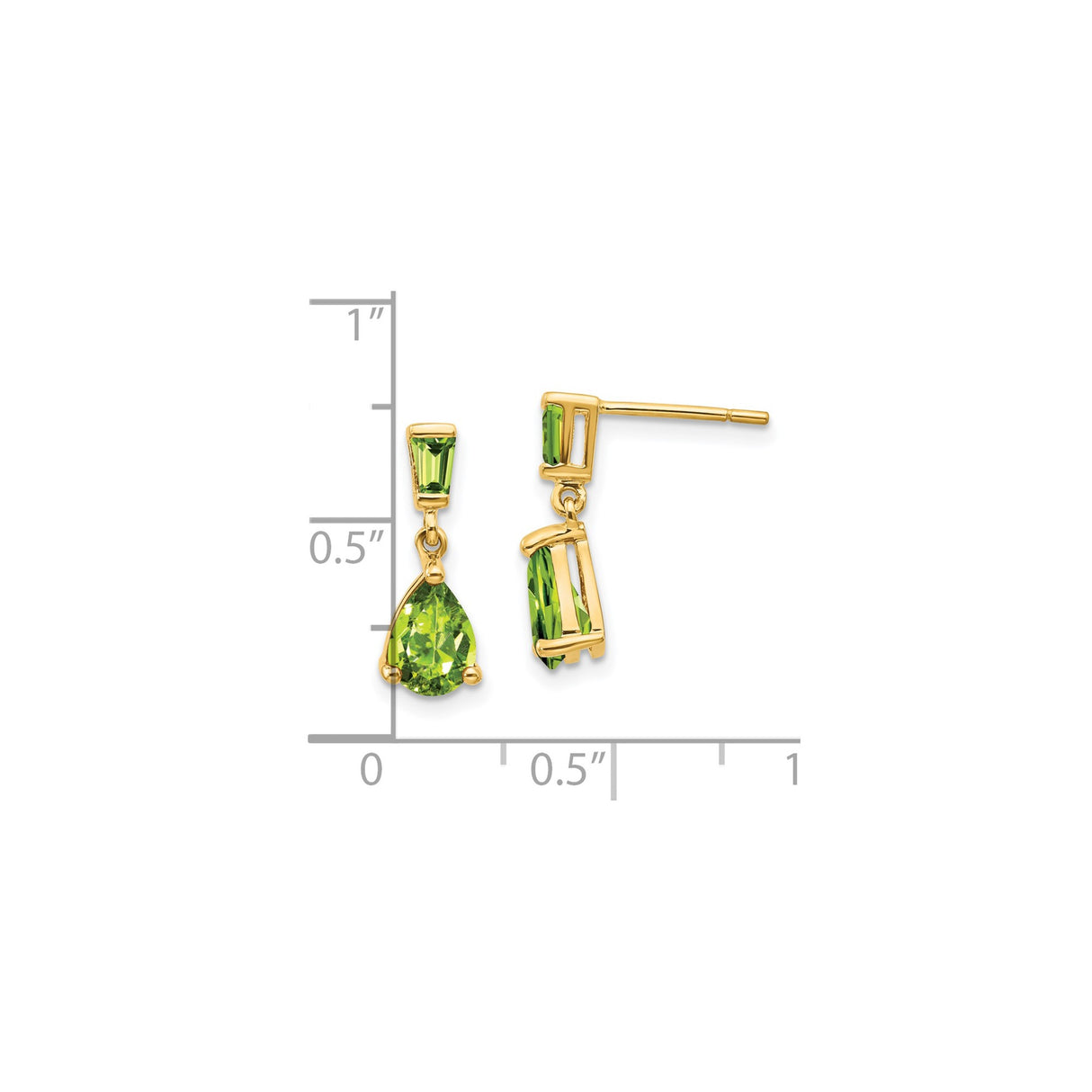 14k Yellow Gold Dangle Earrings with Pear-Shaped and Baguette Peridot Stones