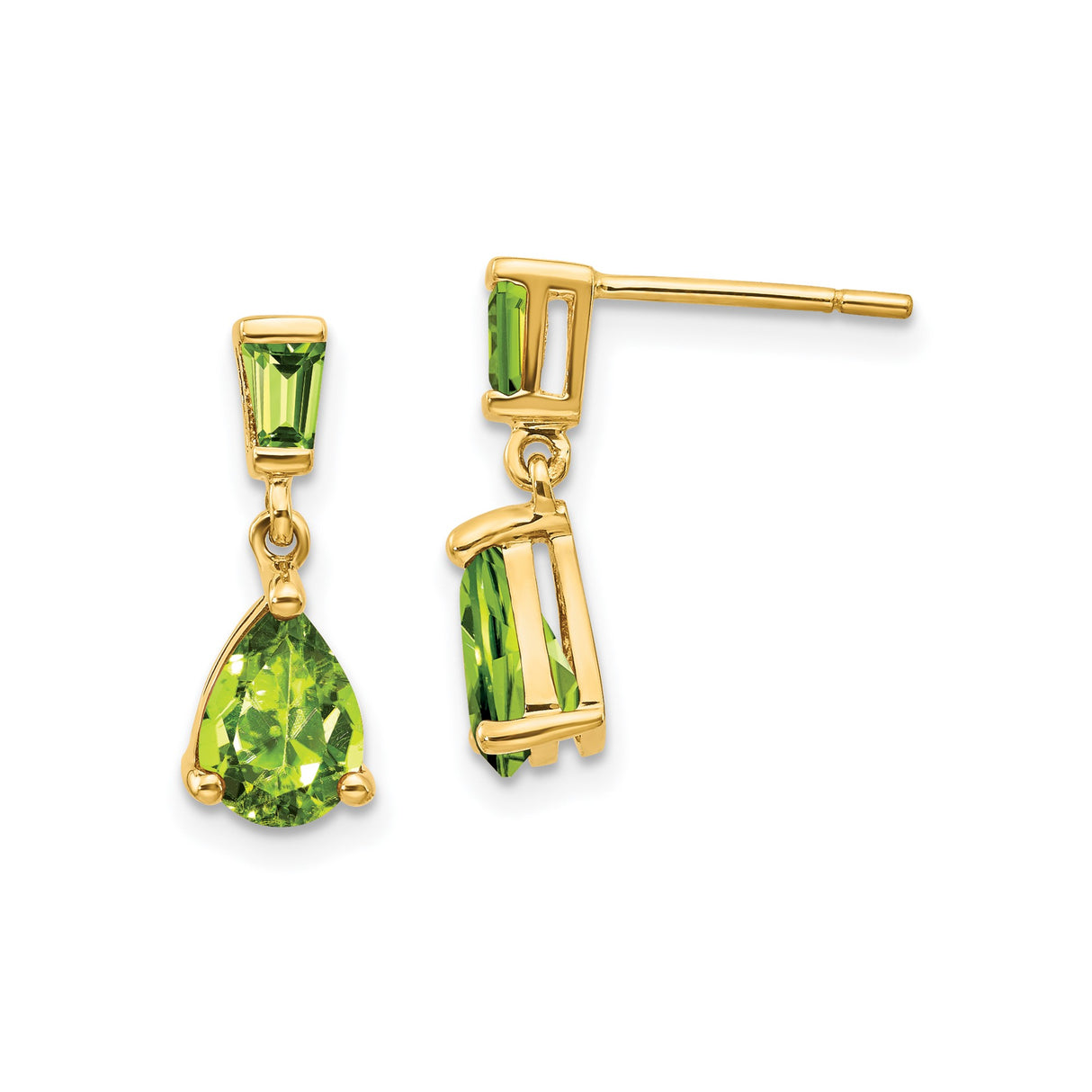 14k Yellow Gold Dangle Earrings with Pear-Shaped and Baguette Peridot Stones