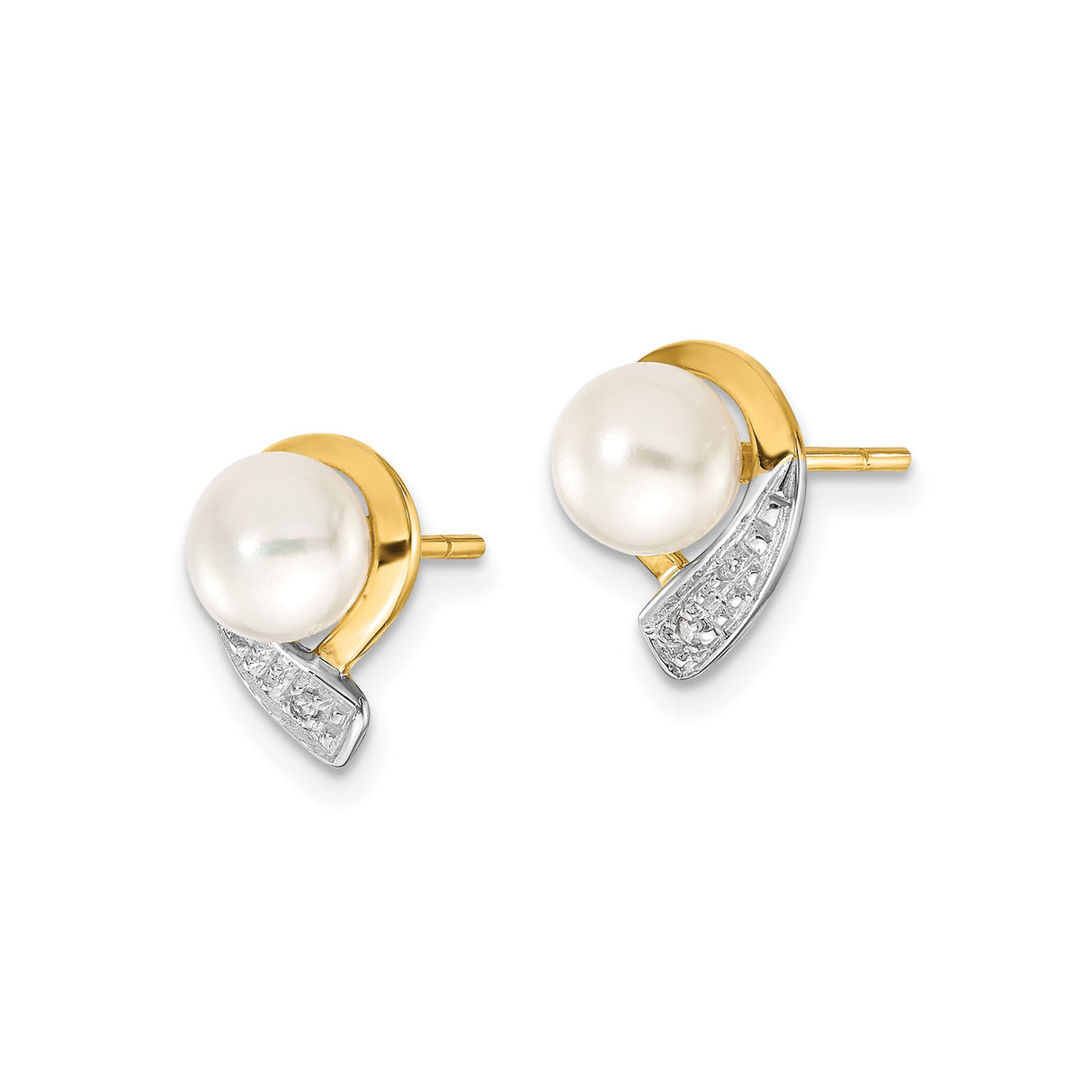 14k Yellow Gold Stud Earrings with Cultured Pearls and Small Diamonds, Round Design