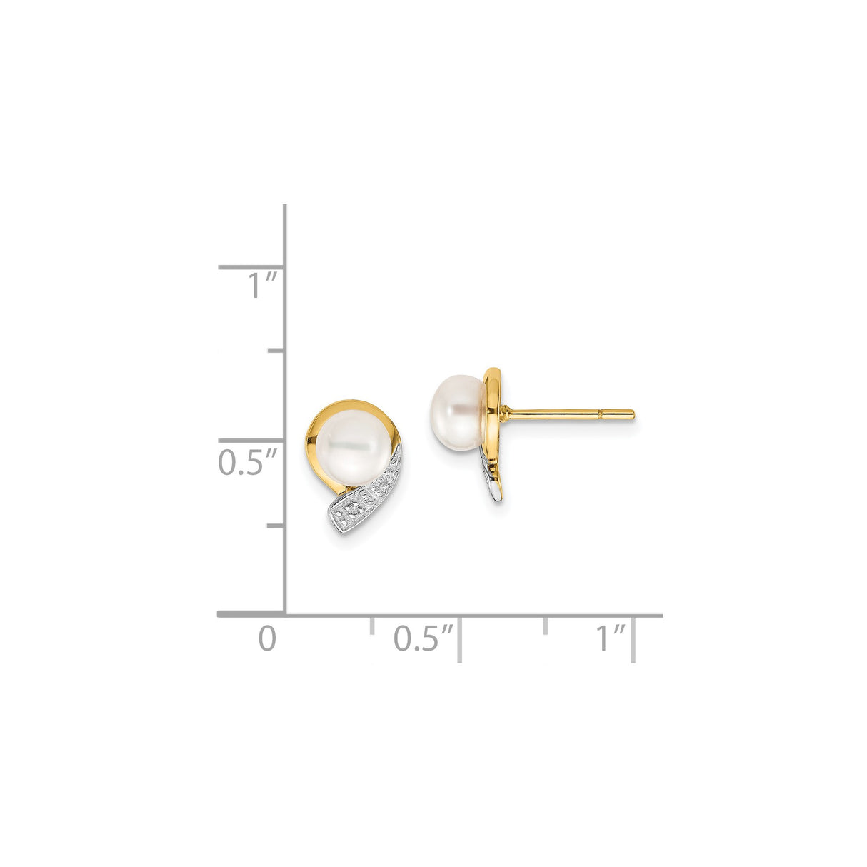 14k Yellow Gold Stud Earrings with Cultured Pearls and Small Diamonds, Round Design