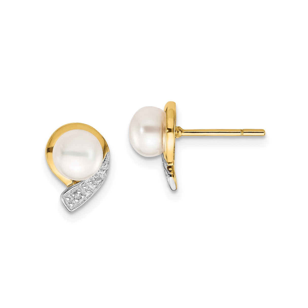 14k Yellow Gold Stud Earrings with Cultured Pearls and Small Diamonds, Round Design