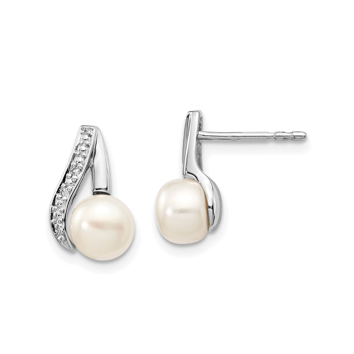 14k White Gold Stud Earrings with Cultured Freshwater Pearls and Diamond Accents