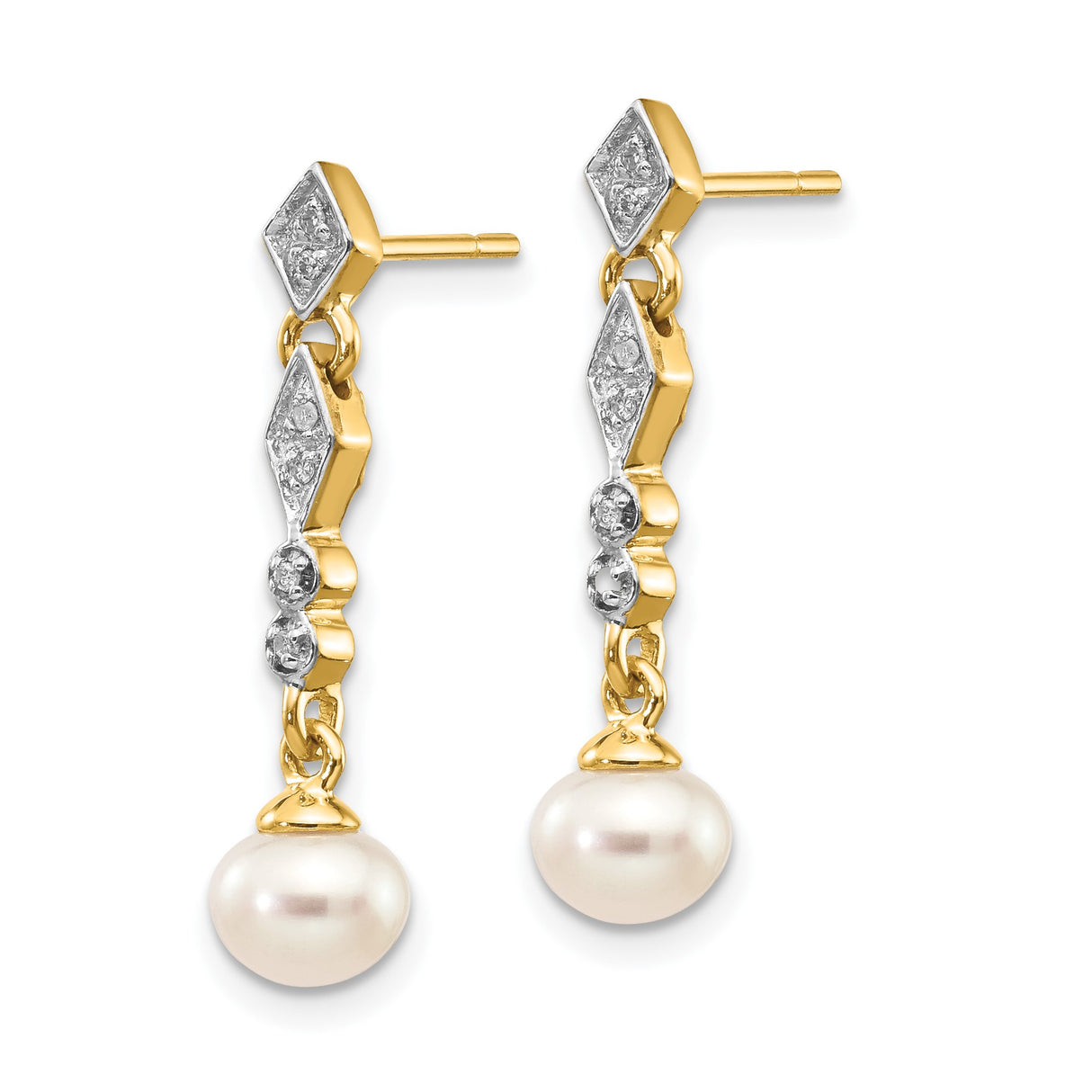 14k Yellow Gold Dangle Earrings with Cultured Pearl Drops and Diamond Accents, Geometric Design