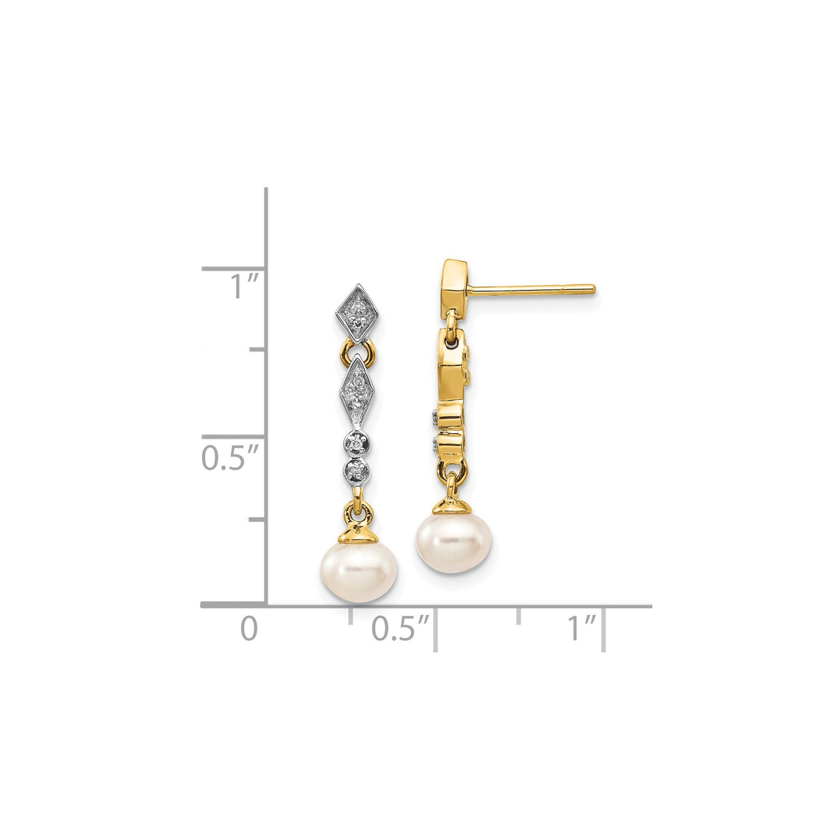 14k Yellow Gold Dangle Earrings with Cultured Pearl Drops and Diamond Accents, Geometric Design