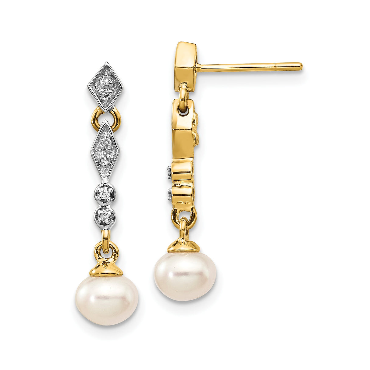 14k Yellow Gold Dangle Earrings with Cultured Pearl Drops and Diamond Accents, Geometric Design