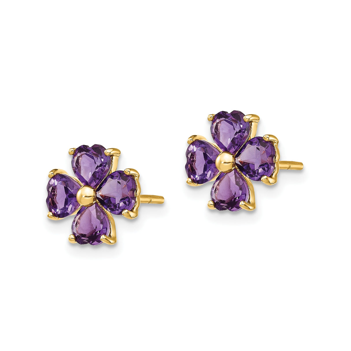 14k Yellow Gold Stud Earrings, Amethyst Heart Gemstones, Four Leaf Clover Design