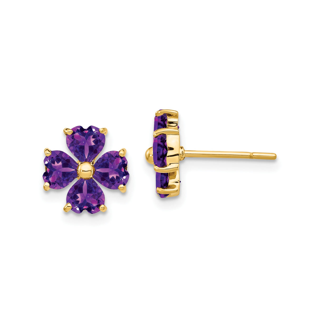 14k Yellow Gold Stud Earrings, Amethyst Heart Gemstones, Four Leaf Clover Design