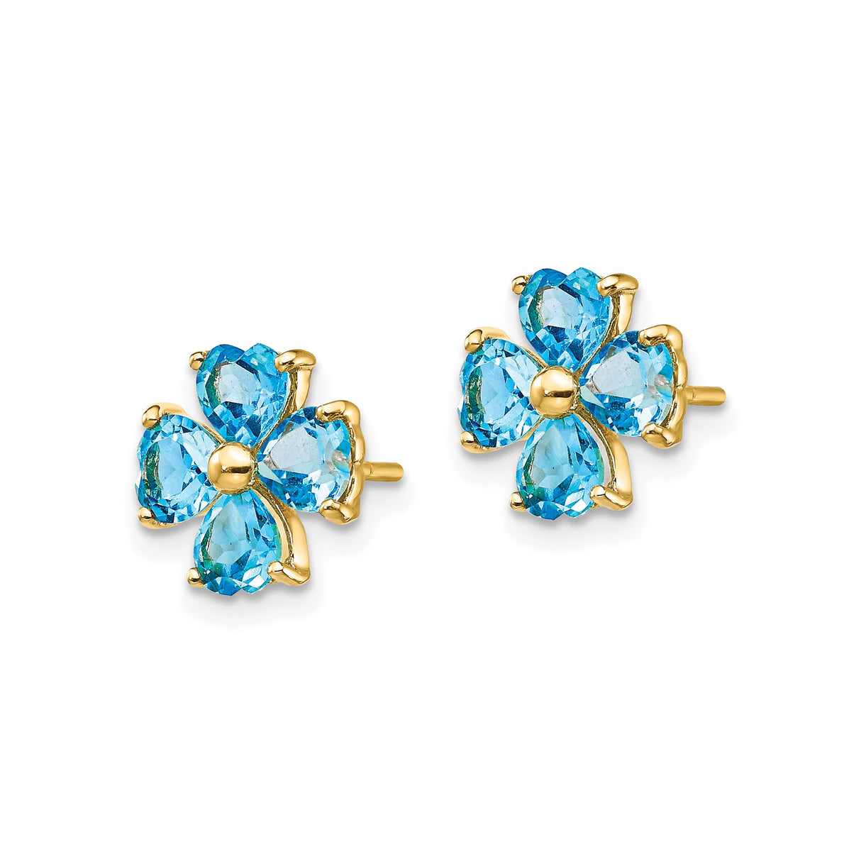 14k Yellow Gold Stud Earrings with Heart-Shaped Swiss Blue Topaz, Four Leaf Clover Design
