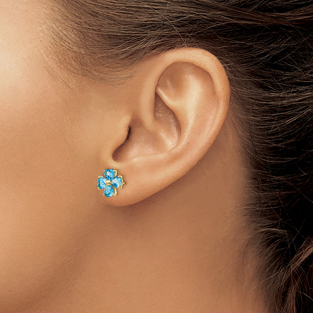 14k Yellow Gold Stud Earrings with Heart-Shaped Swiss Blue Topaz, Four Leaf Clover Design