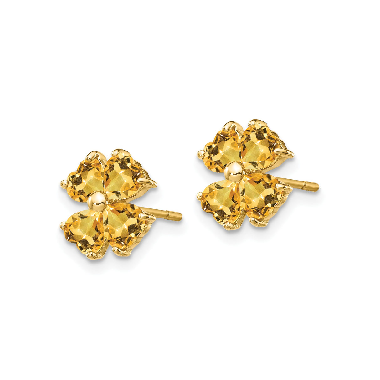 14k Yellow Gold Clover Stud Earrings with Heart Shaped Citrine Gemstones