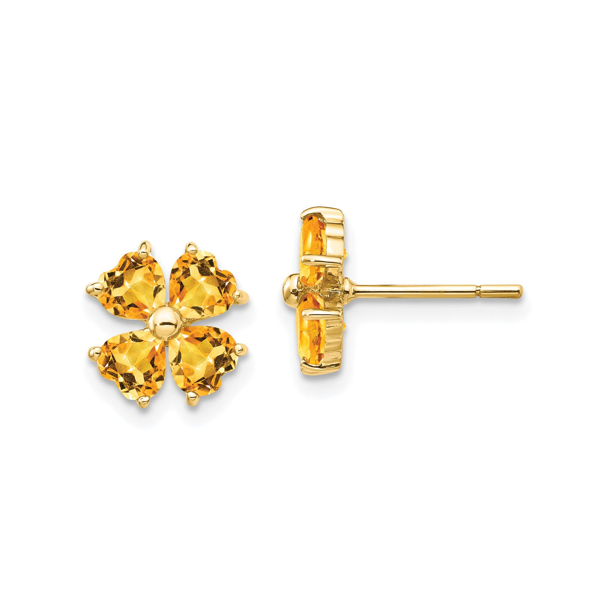 14k Yellow Gold Clover Stud Earrings with Heart Shaped Citrine Gemstones