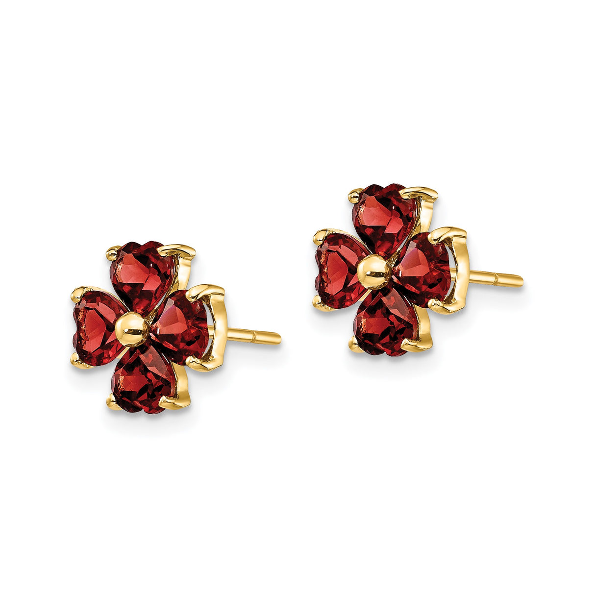 14k Yellow Gold Stud Earrings with Heart Shaped Garnet, Floral Clover Design