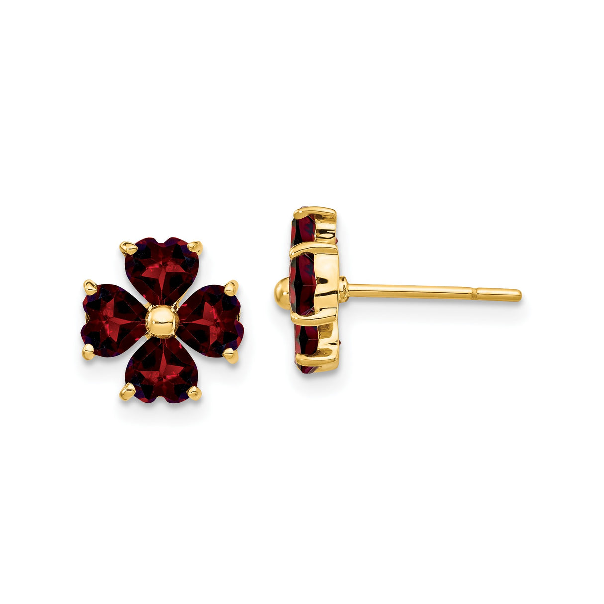 14k Yellow Gold Stud Earrings with Heart Shaped Garnet, Floral Clover Design
