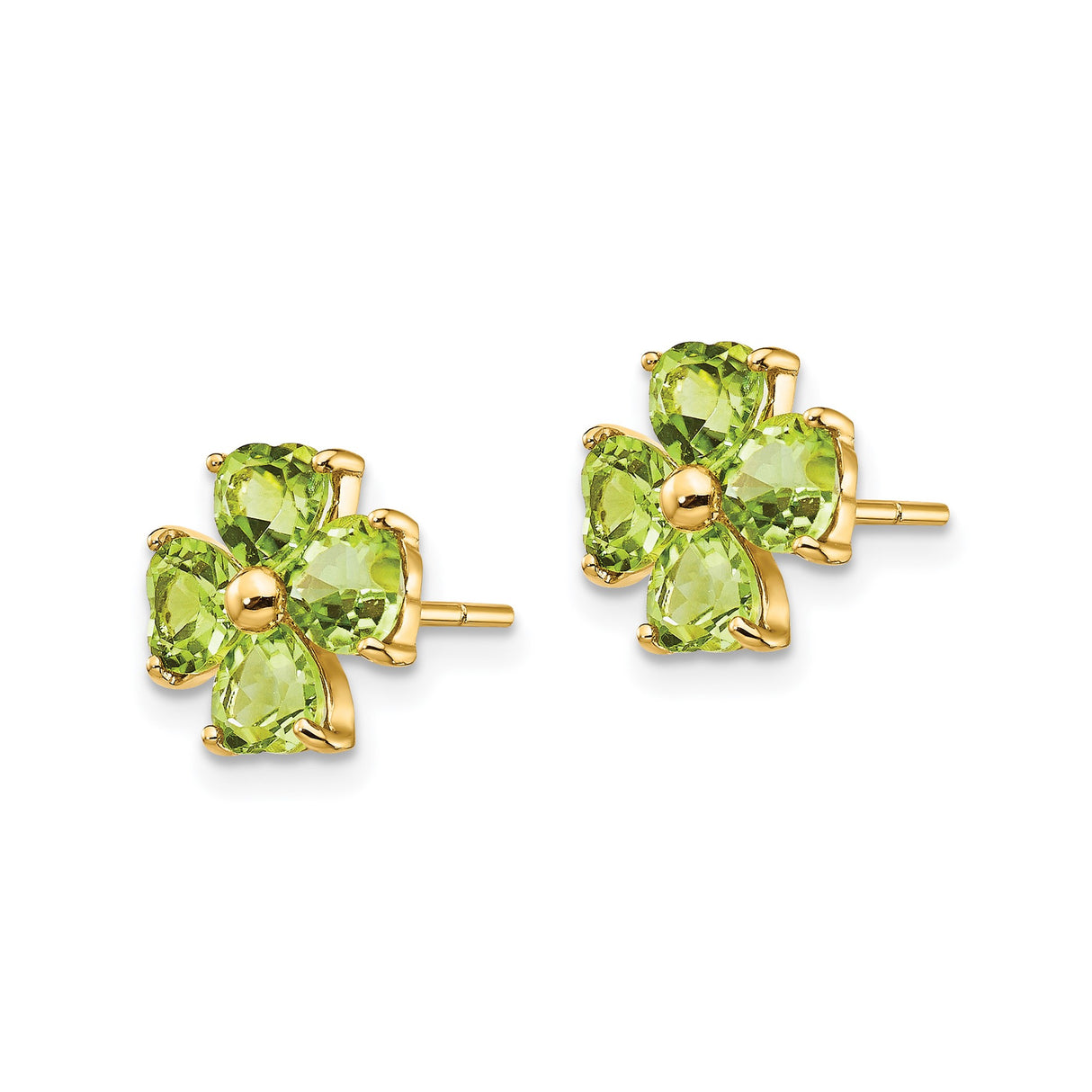 14k Yellow Gold Clover Stud Earrings with Heart Shaped Peridot Gemstones, Four Leaf Design