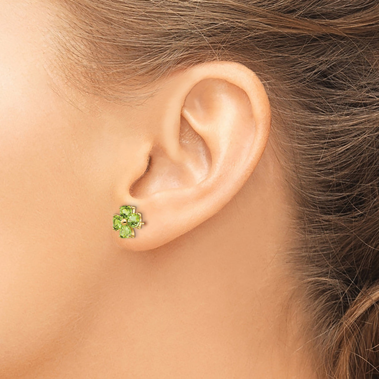 14k Yellow Gold Clover Stud Earrings with Heart Shaped Peridot Gemstones, Four Leaf Design
