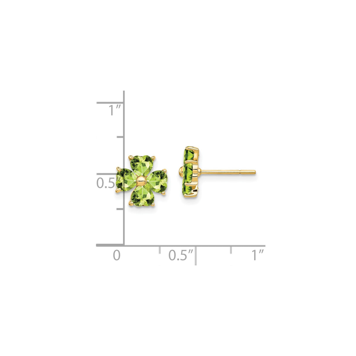 14k Yellow Gold Clover Stud Earrings with Heart Shaped Peridot Gemstones, Four Leaf Design