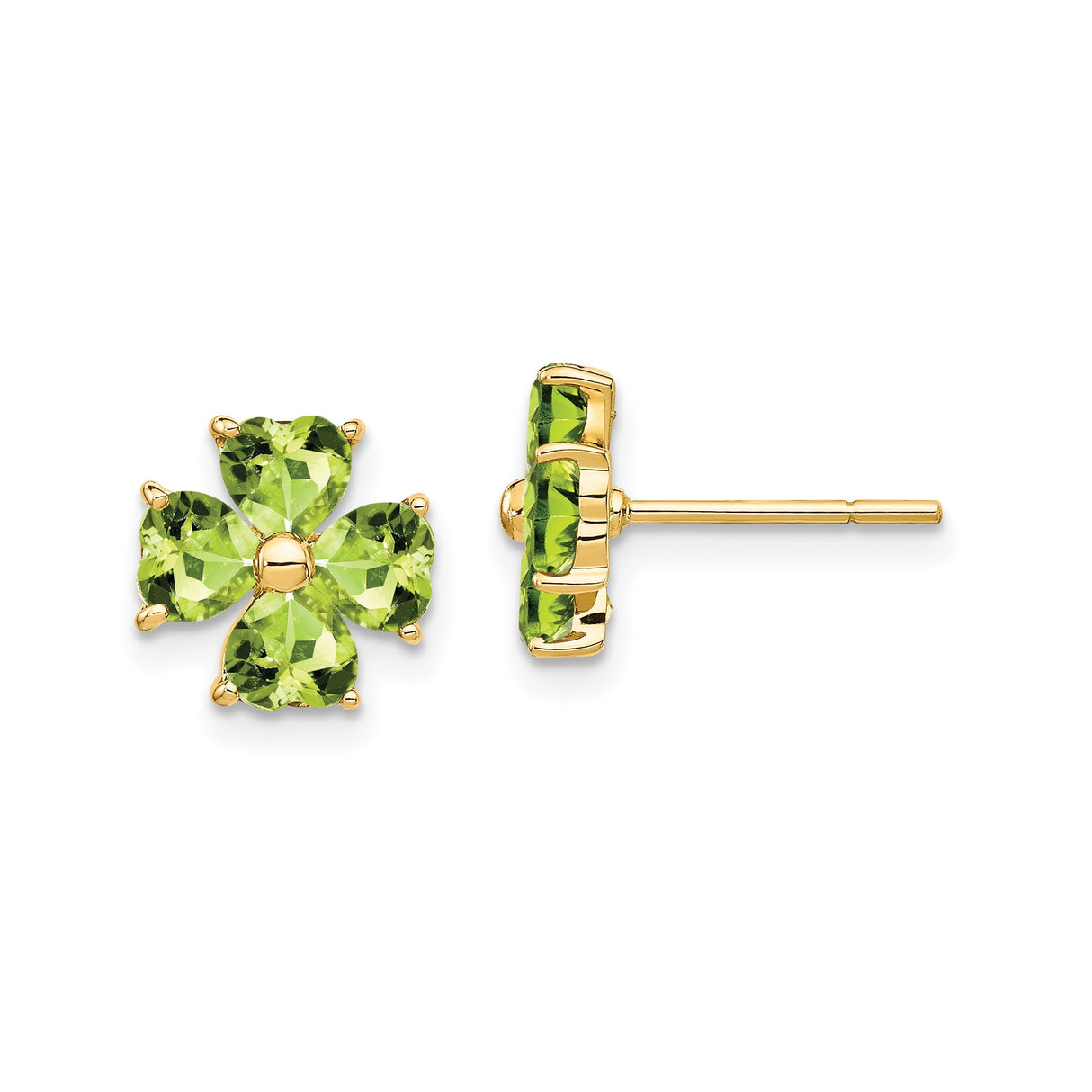 14k Yellow Gold Clover Stud Earrings with Heart Shaped Peridot Gemstones, Four Leaf Design