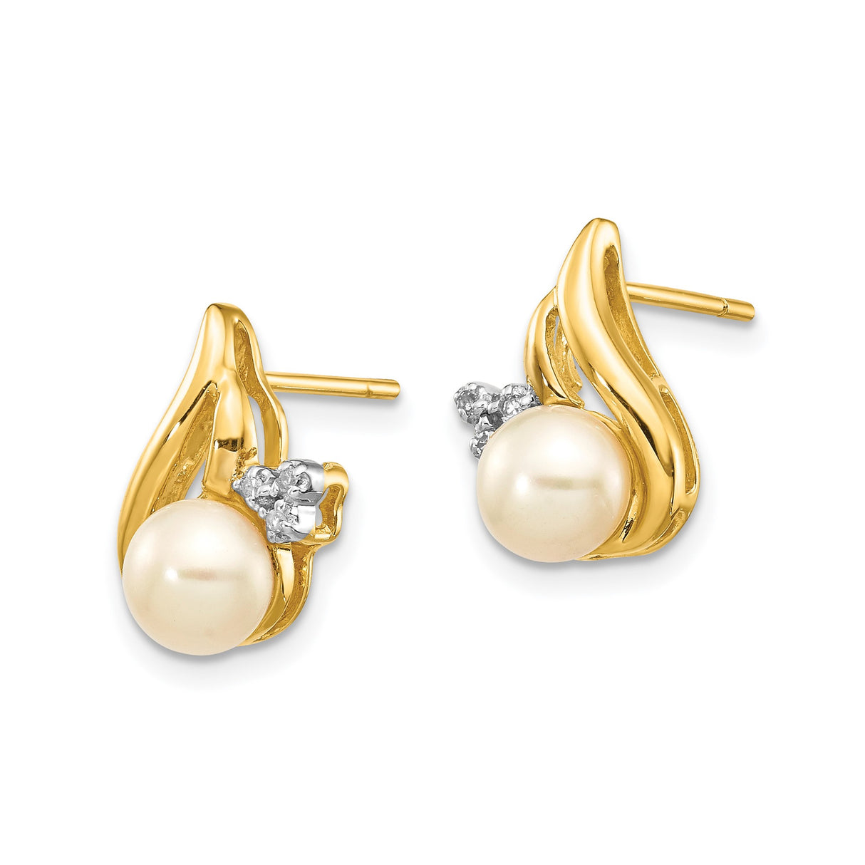 14k Yellow Gold Stud Earrings with Round White Pearl and Diamond Accents, Swirl Design