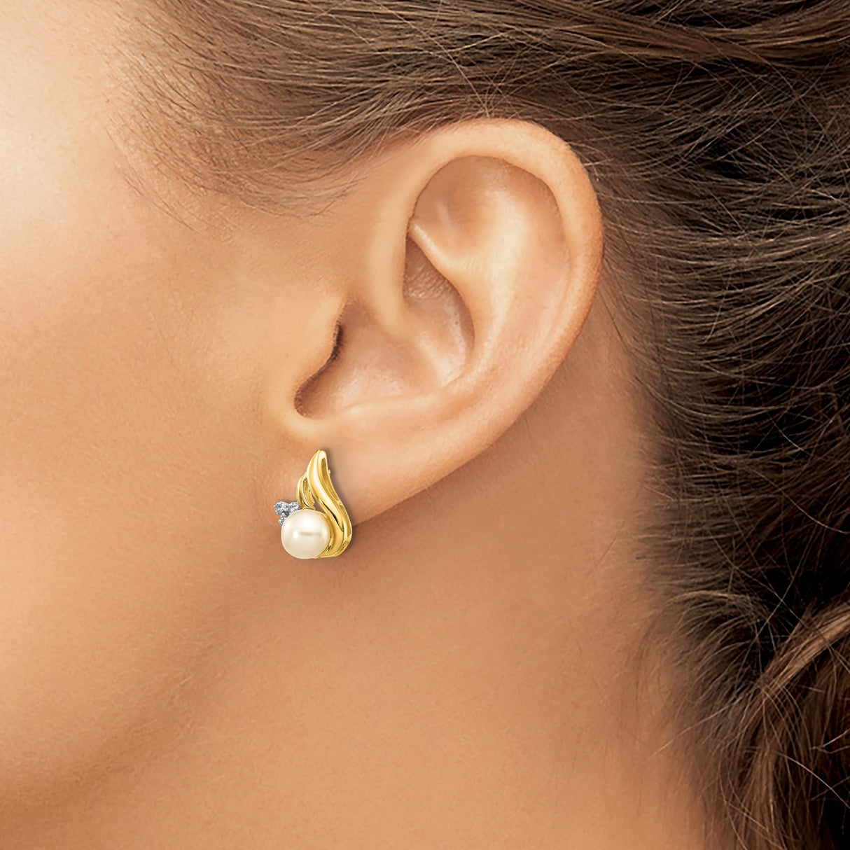 14k Yellow Gold Stud Earrings with Round White Pearl and Diamond Accents, Swirl Design