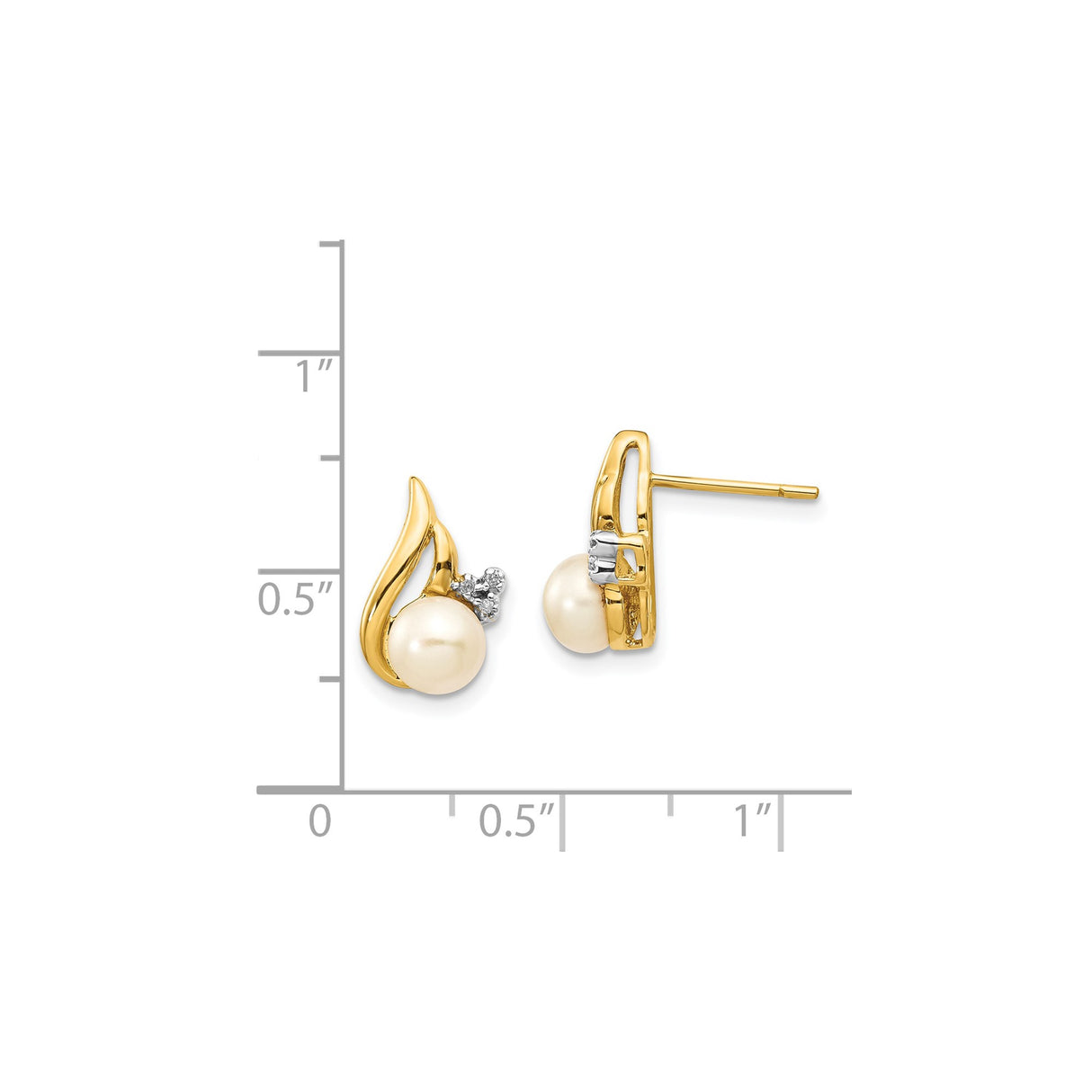 14k Yellow Gold Stud Earrings with Round White Pearl and Diamond Accents, Swirl Design