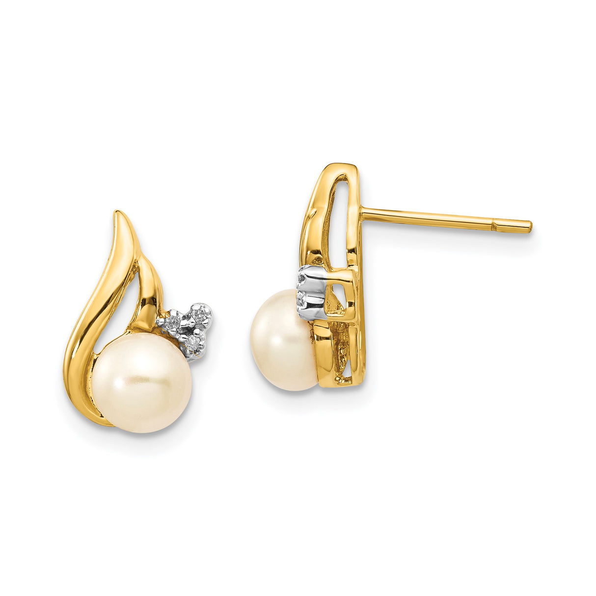14k Yellow Gold Stud Earrings with Round White Pearl and Diamond Accents, Swirl Design