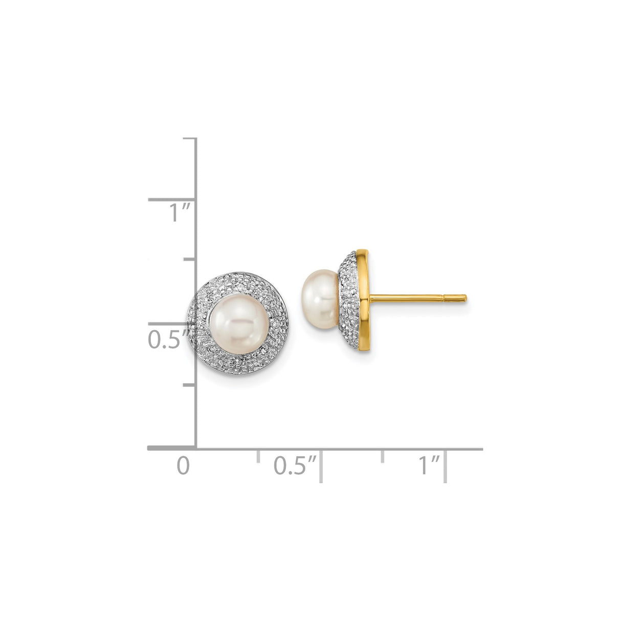 14k Yellow Gold Stud Earrings with White Pearl Center and Diamonds Accents, Modern Design