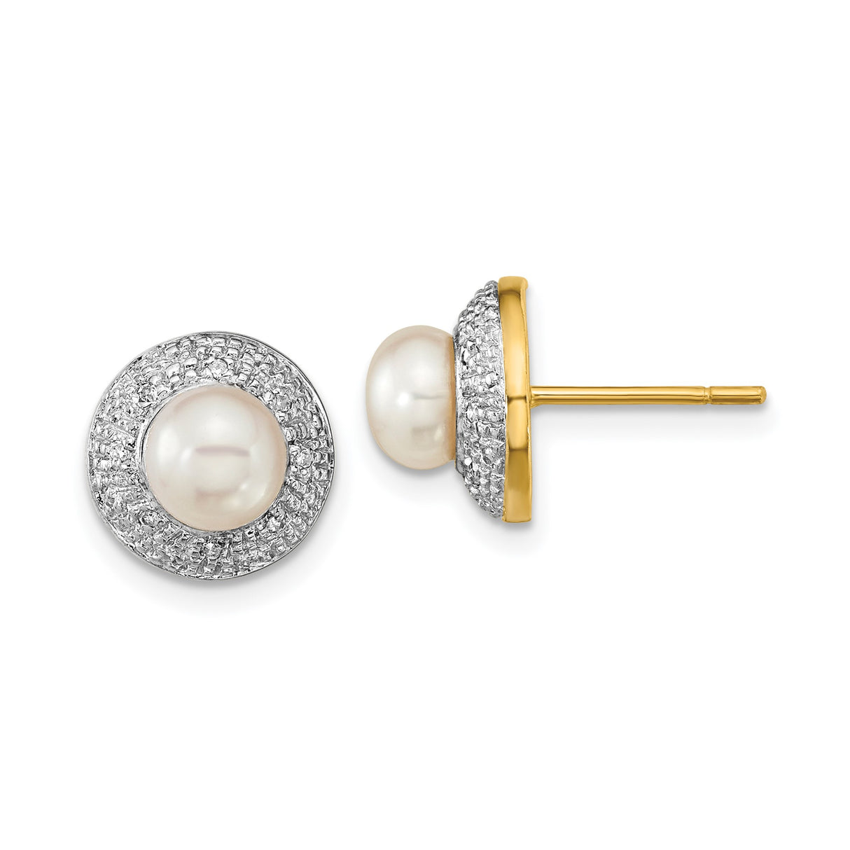 14k Yellow Gold Stud Earrings with White Pearl Center and Cubic Zirconia Accents, Modern Design
