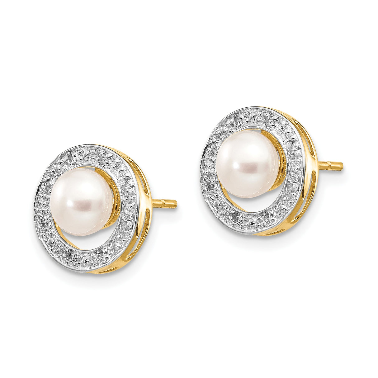 14k Yellow Gold Pearl Stud Earrings with Diamond Accents, Halo Design, Multi-Tone Bridal Jewelry