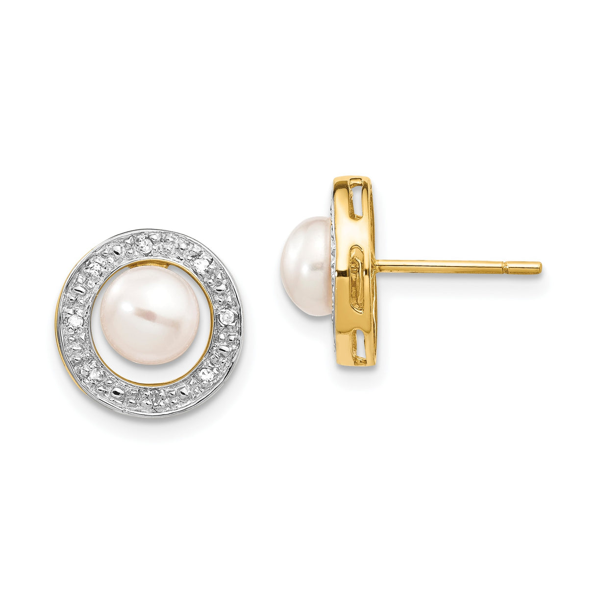14k Yellow Gold Pearl Stud Earrings with Diamond Accents, Halo Design, Multi-Tone Bridal Jewelry
