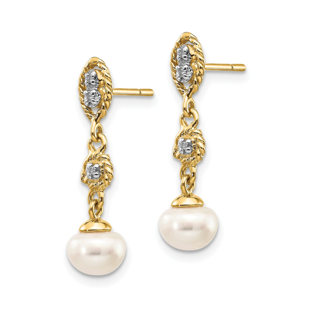 14k Yellow Gold Dangle Earrings with Cultured Pearl Drops and Accent Diamonds, Floral Design